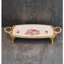 Furkan Dekoratif Gold Metal Ayaklı Dikdörtgen Çiçekli Porselen Sunumluk Tabak