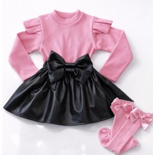 Özge Başaran Kız Çocuk Pembe Ribana Badi Siyah Deri Etekli 3’lü Şık Kombin Çorap Set