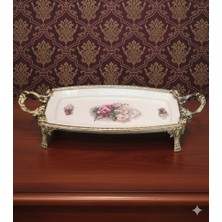 Furkan Dekoratif Bronz Eskitme Metal Ayaklı Dikdörtgen Çiçekli Porselen Sunumluk Tabak