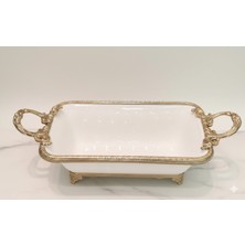 Furkan Dekoratif Etrafı Bronz Metal Beyaz Dikdörtgen Derin Sunumluk Tabak