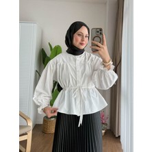 RFK Butik Kadın Etek Üstü Beli Tünelli Tesettür Kısa Gömlek - Beyaz