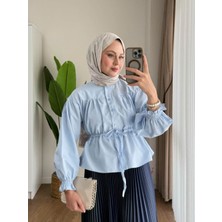 RFK Butik Kadın Etek Üstü Beli Tünelli Tesettür Kısa Gömlek - Mavi