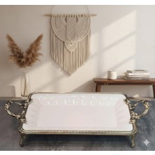 Furkan Dekoratif Bronz Metal Ayaklı Beyaz Dikdörtgen Sunumluk Tabak