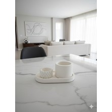 Lenisa Taş Tozu Dekoratif 3'lü Set Tealight Mumluk, Silindir Mumluk, Alt Tepsi