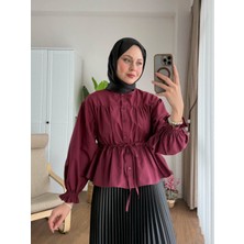 RFK Butik Kadın Etek Üstü Beli Tünelli Tesettür Kısa Gömlek - Bordo