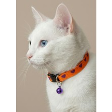 Ben Evcilim Kalp Desenli Turuncu Kedi Tasması Zilli (18-32cm)