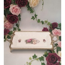 Furkan Dekoratif Bronz Metal Ayaklı Beyaz Dikdörtgen Çiçekli Sunumluk Tabak