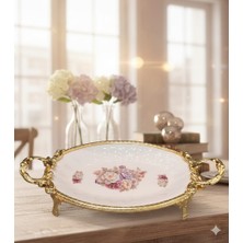 Furkan Dekoratif Gold Metal Ayaklı Oval Çiçekli Porselen Sunumluk Tabak
