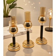 Furkan Metal Kristal Taşlı Siyah-Gold 3'lü Cam Mumluk Şamdanlık Seti