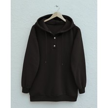 Moda Morfo Yakası Çıtçıtlı Kapşonlu Şardonlu Üç İplik Sweat   -K. Kahve