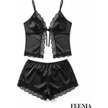 Feenia Noirence Siyah Saten Kadın Büyük Beden Gecelik