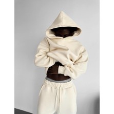 Elku Moda Oversize Kapşonlu Sweatshirt Beyaz Unisex Kalın Kumaş Kışlık Hoodie Kanguru Cep