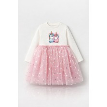 Özge Başaran Kız Çocuk Baskılı Uzun Kollu Tüllü Elbise – Pembe Kalpli Parlak Etekli Prenses Model