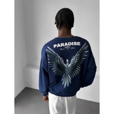 Elku Moda Erkek Oversize Kanat Baskılı Sweatshirt Paradıse Streetwear Kuş Desenli Bisiklet Yaka Lacivert Siyah