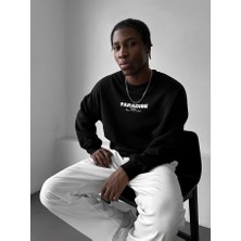 Elku Moda Erkek Oversize Kanat Baskılı Sweatshirt Paradıse Streetwear Kuş Desenli Bisiklet Yaka Lacivert Siyah