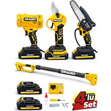 Dragro 4'lü Set Şarjlı Makas + Otomatik Yağlı Testere + Yaprak Üfleme + Teleskopik Kol