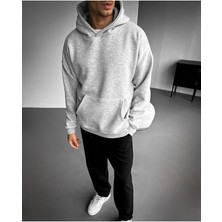 Elku Moda Oversize Kapşonlu Sweatshirt Beyaz Unisex Kalın Kumaş Kışlık Hoodie Kanguru Cep