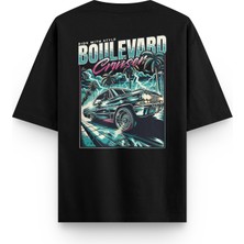 Overoz Gangsta Boulevard Klasik Araba Sırt Baskılı Yarı Oversize Unisex Siyah Tshirt 1262