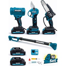 Dragro 4'lü Set Şarjlı Makas + Otomatik Yağlı Testere + Yaprak Üfleme + Teleskopik Kol