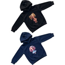 Machi Kız Çocuk Siyah Lacivert Sevimli Kız Bebek Figürlü Baskılı Kapüşonlu Sweatshirt Hoodie