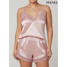 Feenia Rosaly Saten Toz Pembe Kadın Büyük Beden Gecelik