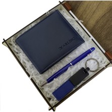 Ett  Mavi Cüzdan Kalem ve Deri Mavi Anahtarlık Set