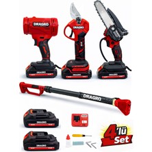 Dragro 4'lü Set Şarjlı Makas + Otomatik Yağlı Testere + Yaprak Üfleme + Teleskopik Kol