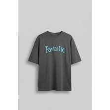 Abluka Online Erkek Oversize Nakışlı Yıkamalı T-Shirt Füme