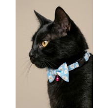Ben Evcilim Papyonlu Papatya Desenli Açık Mavi Kedi Tasması Zilli (18-32cm)