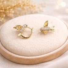 Taşlı Kuş Figürlü Gold Küpe