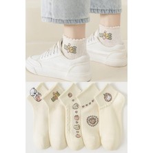 5 Çift Kadın Krem Nice Desenli Patik Çorap