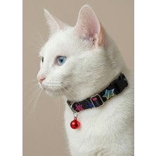 Ben Evcilim Renkli Yıldız Desenli Siyah Kedi Tasması Zilli (18-32cm)
