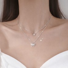 Çift Katlı Gümüş Renk Kelebek Kolye – Saf Zarafet