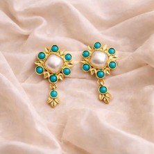 Turkuaz & Inci Detaylı Gold Küpe