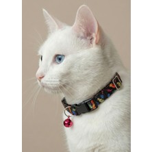 Ben Evcilim Renkli Tüyler Desenli Siyah Kedi Tasması Zilli (18-32cm)
