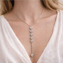 Silver Taşlı Kalp Detaylı Uzun Kolye