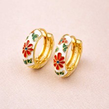 Renkli Çiçek Desenli Altın Renk Halka Küpe