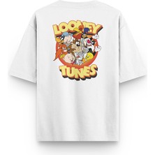 Overoz Looney Tunes Sırt Baskılı Yarı Oversize Unisex Beyaz T-Shirt 1303