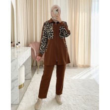 Gömlek Yaka Boydan Fermuarlı Pantolonlu Takım   -Taba