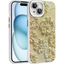 Ceponya Apple iPhone 15 Kılıf Çiçek Desenli Parlak Taşlı Sert Silikon Kapak