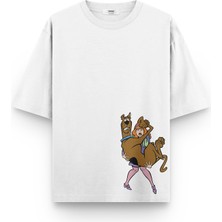 Overoz Scooby Doo Köpek Baskılı Yarı Oversize Unisex Beyaz T-Shirt 1318