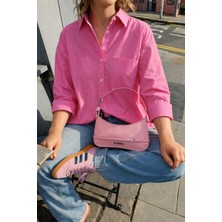 Jadewear Pembe Oversize Gömlek Kadın Salaş Kesim 3/4 Kol Poplin Basic Gömlek
