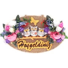 Ett Baykuş Ailesi Hoşgeldiniz Yazılı Çiçekli El Yapımı Kapı Süsü