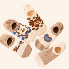 5 Çift Kadın Love Desenli Bej Görünmez Çoarap