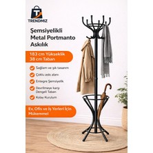 Trendmiz Modern Metal Portmanto Askılık 183 cm | Şemsiyelikli Ayaklı Elbise Askısı | Siyah Ferforje Askılık