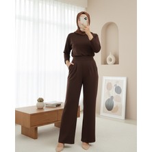 Moda Morfo Beli Cırtcırt Detay Boru Paça Kumaş Pantalon  -Kahve