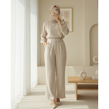 Moda Morfo Beli Cırtcırt Detay Boru Paça Kumaş Pantalon  -Bej