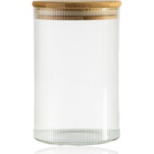 Storemax Bambu Kapaklı 300 ml Yuvarlak Çizgili Cam Kavanoz – Sızdırmaz Silikon Contalı Gıda ve Düzenleme Saklama Kabı