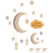 Hoşgeldin Ramazan Cam ve Duvar Sticker - Mavi ve Gold Çizgili Ramazan Sticker 21 Parça