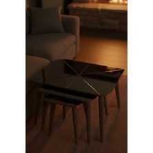 Brahim Modern Tasarımlı Lüx Yıldız - Mdf 3’lü Yüzeyi Siyah Cam Zigon Sehpa Seti - Gürgen Ayaklar